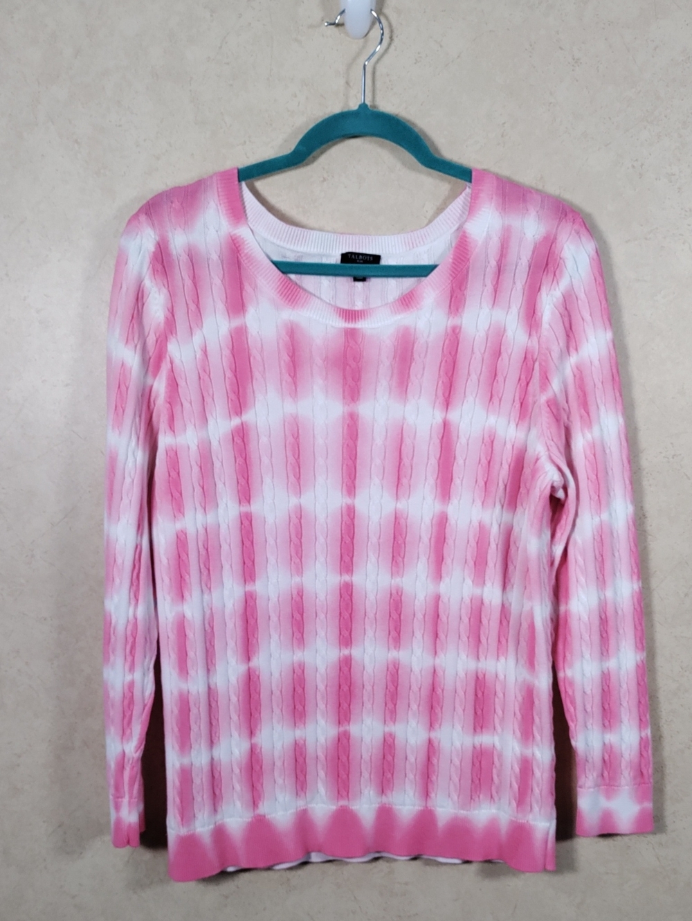 I132 Talbots Pink and White Tie-Dye Cable Knit Long Sleeve Sweater 0X